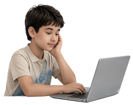 Ilustración: familia acompañando a un niño frente a una computadora